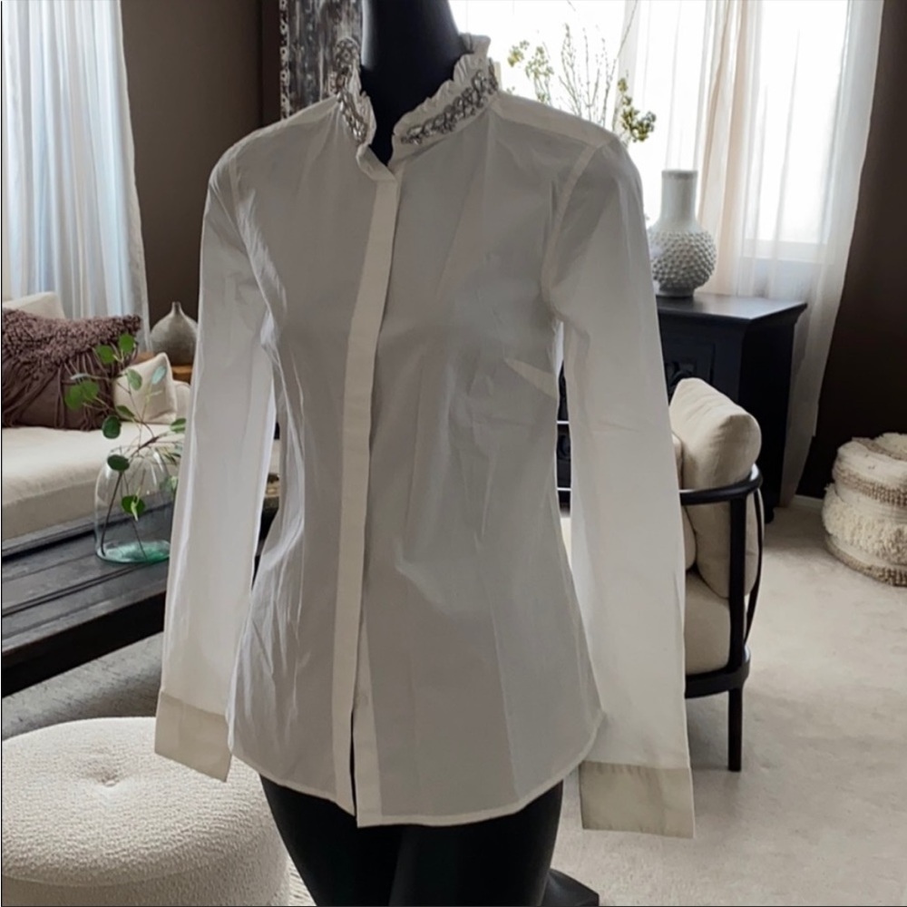 ELLE White Long Sleeve Button Down Shirt with Rhinestone Collar Size 4